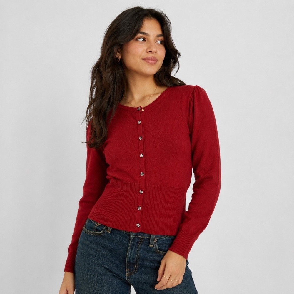 Rampage Rhinestone Button Cardigan Sweater Womens M Red Y2K Fairy Puff Sleeve